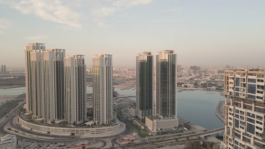 Abu Dhabi, UAE - 25th april, 2025: Aerial panorama Modern UAE skyline, luxury skyscrapers and office towers, showcasing business hubs, real estate growth, futuristic urban development in Middle East