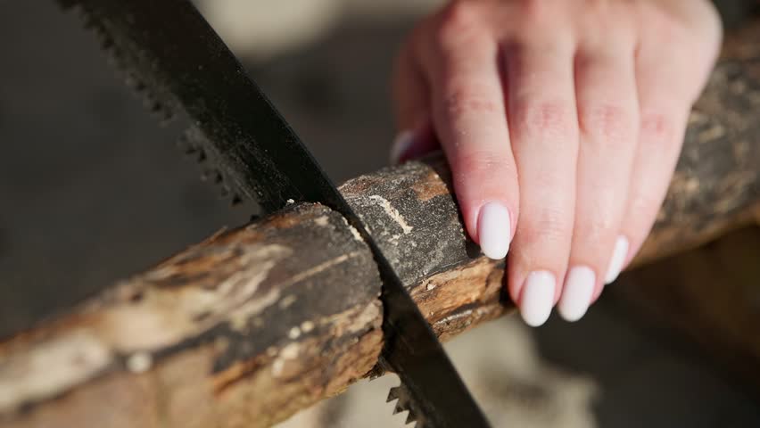 Close-up of female hand with neatly manicured nails sawing thick rough wooden branch using hand saw indoors with soft natural lighting and blurred background