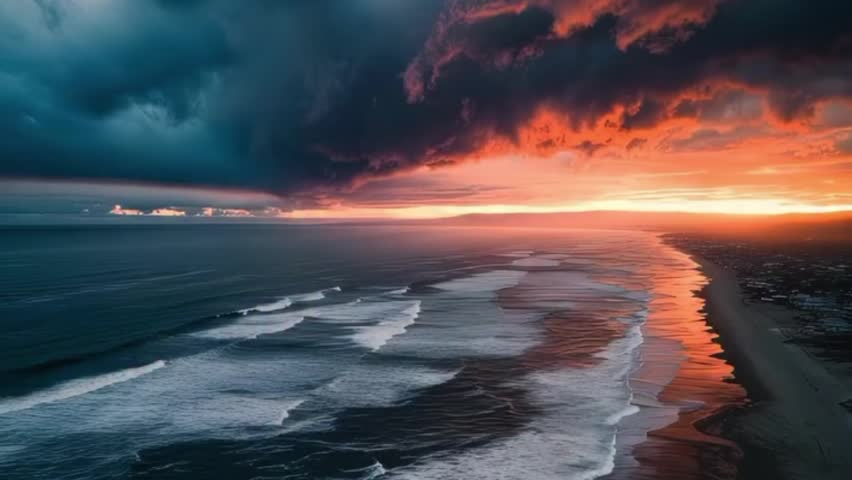 A very dramatic and contrasting sunset on a beach. The left side of the sky is dominated by thick, dark clouds, giving a mysterious and deep impression, while the right side radiates bright orange and yellow light from the sun beginning to set on the horizon.