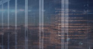 Animation of data processing and cityscape over server room. Global technology, computing and digital interface concept digitally generated video. - Powered by Shutterstock - Get 15% off with code: PIKWIZARD15
