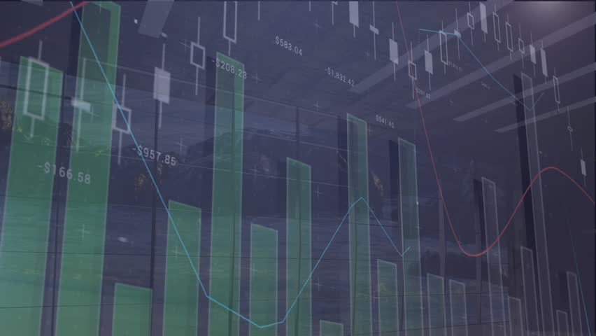 Animation of diverse financial data and graphs over european union flag and map. european economy, finance, politics and technology concept digitally generated video.