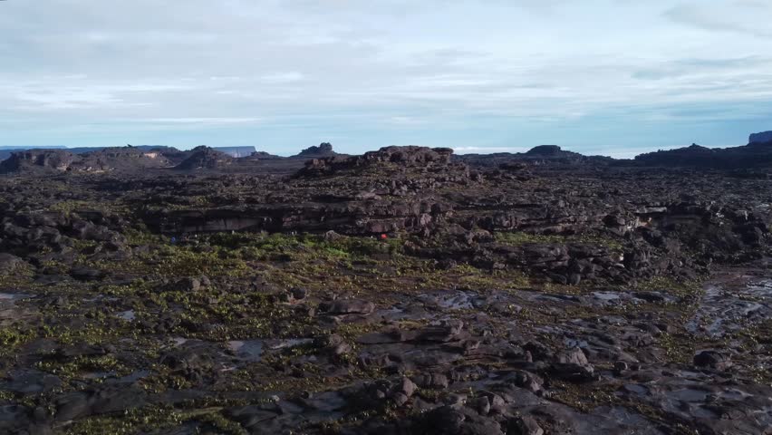 Aerial view of the surface of Roraima tepuy and Kukenan tepuy in the background. Explore South America