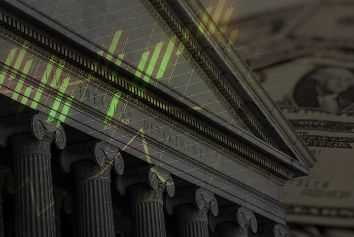 A candlestick charts is green, representing Treasury yield movement, overlayed on the front facade of the USA Department of the Treasury building in Washington DC.