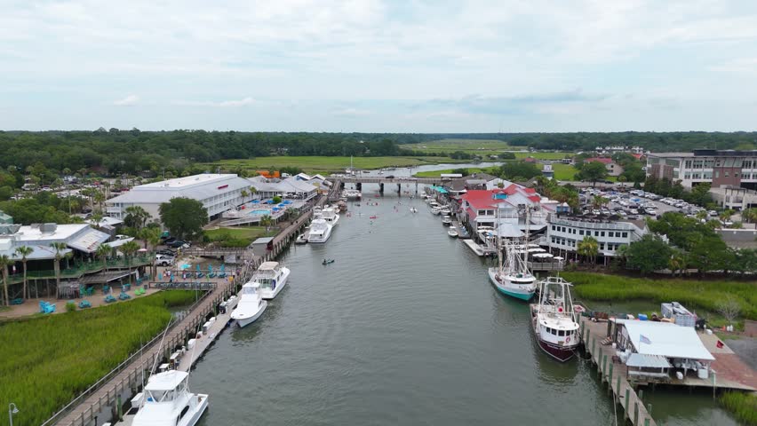 Drone shot over Shem Creek in Charleston, SC.