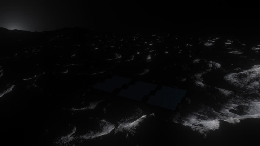 Dramatic sunrise over the moon surface with bright glowing sun flare filling lunar landscape with light revealing solar panels extracting energy from the sunlight. Renewable technology in space.