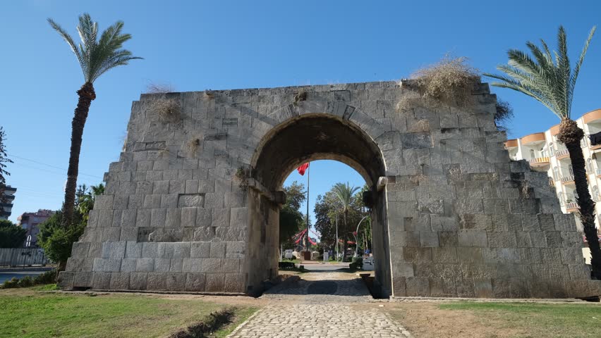 Mersin, Türkiye. The historic Cleopatra gate in the Tarsus region. 4k video