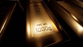 Close-up of pure 999.9 gold ingots with 1000g weight marking, illuminated in a dark bank vault or treasury. 3D animation. - Powered by Shutterstock - Get 15% off with code: PIKWIZARD15