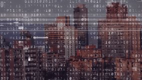 Animation of binary coding over cityscape. global connections, data processing and technology concept digitally generated video. - Powered by Shutterstock - Get 15% off with code: PIKWIZARD15