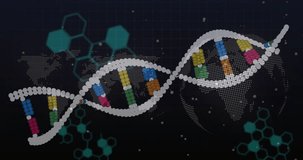 Stylized DNA helix being animated over dark interface, showing colored spheres and code fragments. Biotechnology, nanotechnology, scientific, futuristic, innovation, digital, research - Powered by Shutterstock - Get 15% off with code: PIKWIZARD15
