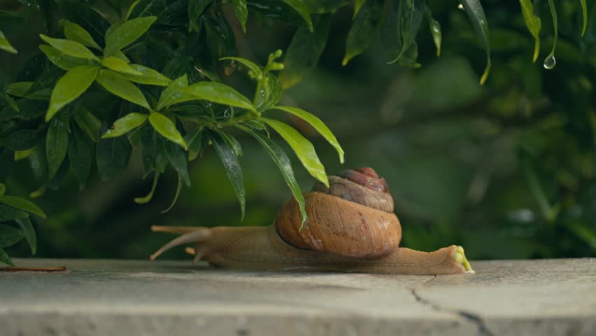 Snail crawling forward under green leaves and explores with tentacles