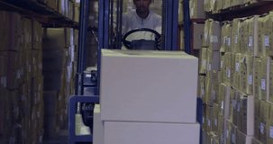 Forklift operator entering warehouse aisle and lifting boxes while HUD overlays updating stock data. Industrial, warehouse, logistics, automation, technology, efficiency, inventory - Powered by Shutterstock - Get 15% off with code: PIKWIZARD15