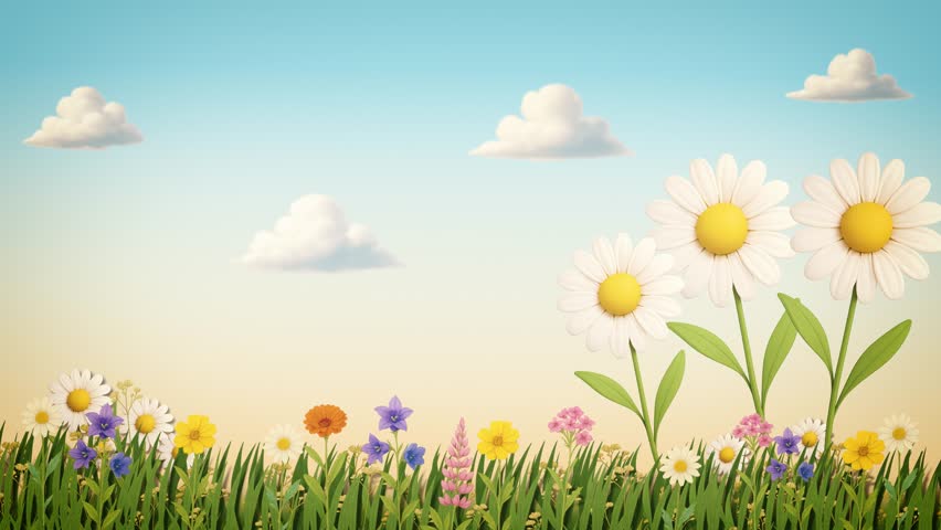 A cheerful seamless loop animation featuring a wooden fence, blooming daisies, and colorful balloons floating across a bright summer landscape. Perfect for kids' content, spring celebrations.