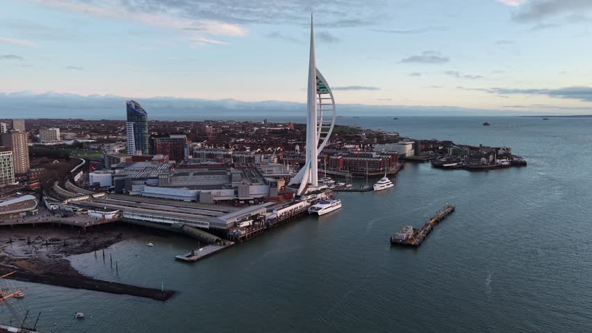 Spinnaker Tower Portsmouth waterfront UK Panning drone aerial