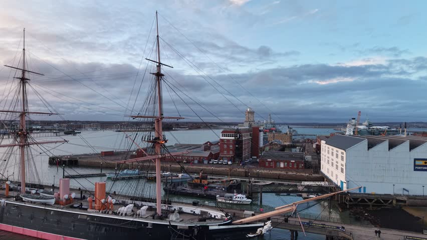 HMS HMS Warrior, Portsmouth historic naval dockyard UK drone,aerial