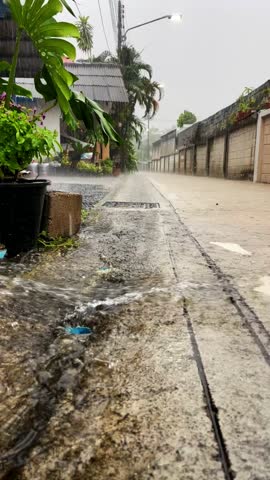 Upward view of a rainy street, shot from the ground level, showcasing water flowing along the pavement beneath a tropical downpour.