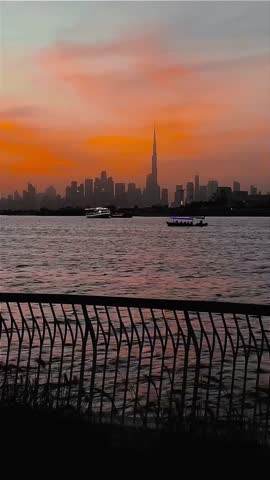 Dubai Skyline at Sunset with Burj Khalifa Silhouette