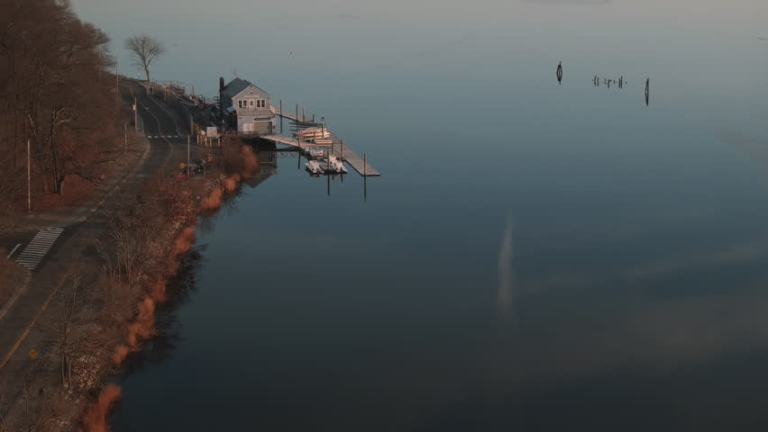 Aerial view of a dock along the Providence River. Shot on an autumn morning in Providence, Rhode Island.