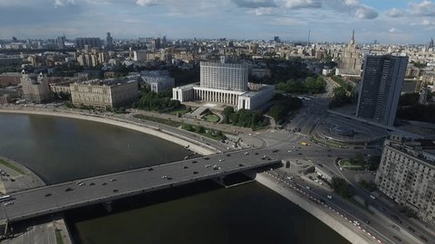 Aerial Drone View of River Bridge and Government Building in Moscow
