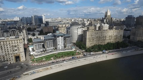 Aerial Flight Along Moskva River Embankment in Central Moscow