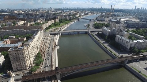 Aerial Flight Along Moskva River Embankment in Central Moscow
