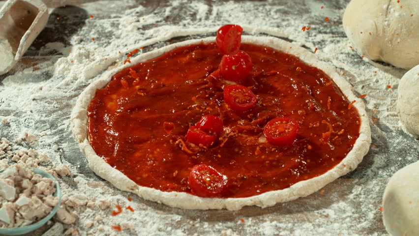 Super Slow Motion of Falling Tomatoes on Pizza Dough . Closeup of Pizza Preparation