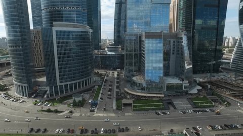 Aerial Drone Ascending Over Moscow City Towers