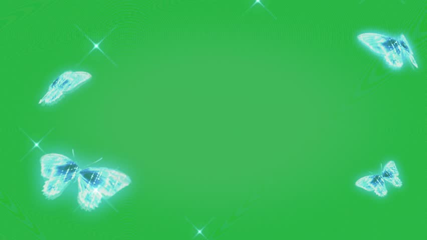 Glowing blue neon butterflies flying on green screen background, magical sparkling insects with light trail for chroma key video editing, ethereal fantasy animation overlay, horizontal.