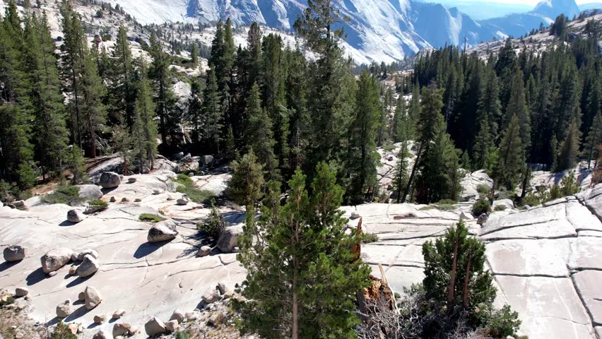 Drone shot soaring over the rugged landscape of the Sierra Nevada, revealing vast expanses of exposed gray granite domes and scattered evergreen pine forests. The clear, deep blue sky contrasts sharply with the light-colored mountains, hinting at a sunny day in the high elevation wilderness.