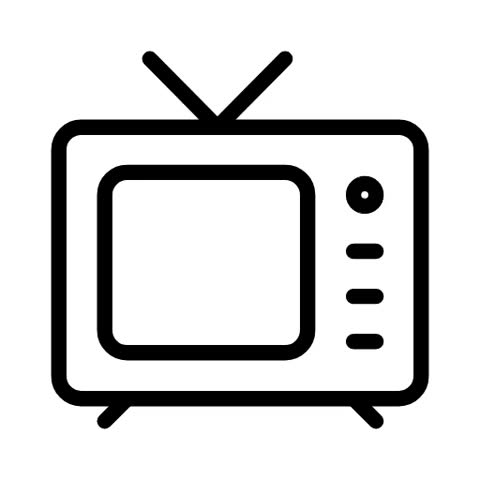 A minimalist line art icon of a vintage television set featuring an abstract waveform graphic on its screen, symbolizing broadcast or media.