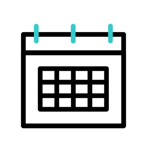 A clean, minimalist animation of a calendar icon. The icon features a grid for days and is highlighted with teal accents on the binding and a subtle curve.
