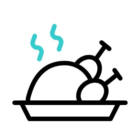 A minimalist line art illustration of a whole roasted chicken presented on a serving platter, with subtle steam effects indicating it is hot and fresh.