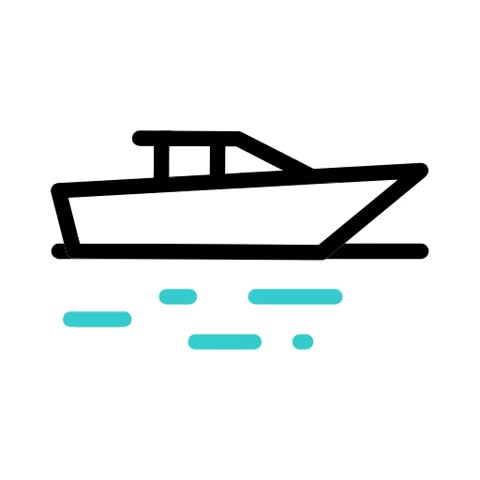 A minimalist line art illustration of a speedboat moving through the water, depicted with clean black lines and subtle turquoise accents representing waves.