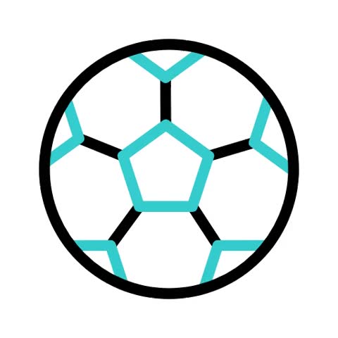 A minimalist graphic representation of a soccer ball, featuring a black outline and a pattern of interconnected blue and black lines forming hexagonal and pentagonal shapes.