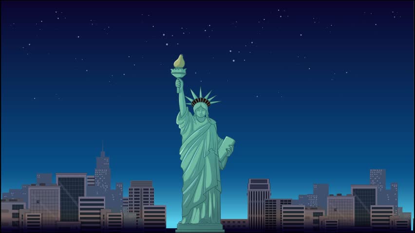 Colorful red white and blue fireworks explode behind the Statue of Liberty at night