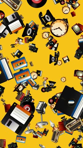 Vintage electronics and media objects fall vertically, creating a dense pile over a yellow backdrop