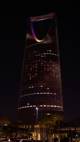 Riyadh, Saudi Arabia - Feb 13 2026, Kingdom Tower Al Mamlaka business at night, King Fahd road footage - Saudi Founding Day, Saudi national Day 4k vertical Video 