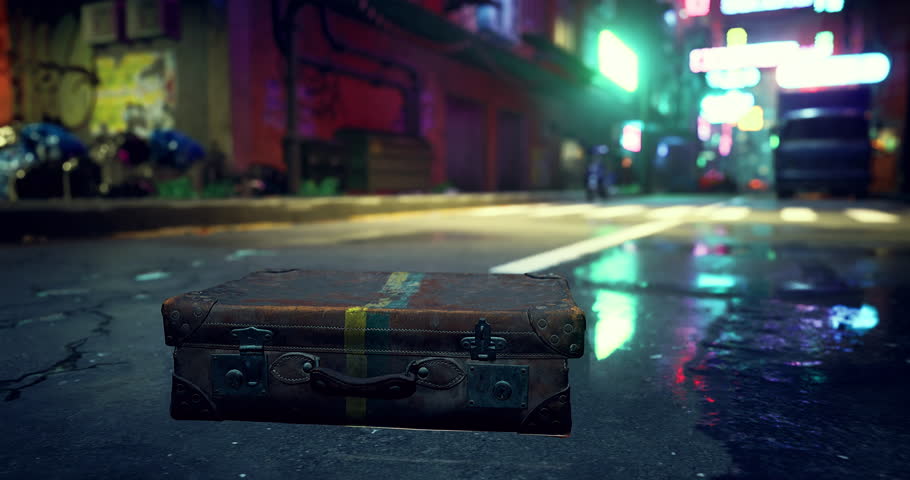 An old suitcase rests in the middle of a dimly lit urban street filled with vibrant neon signs. The wet pavement reflects colorful lights, creating a mysterious atmosphere.