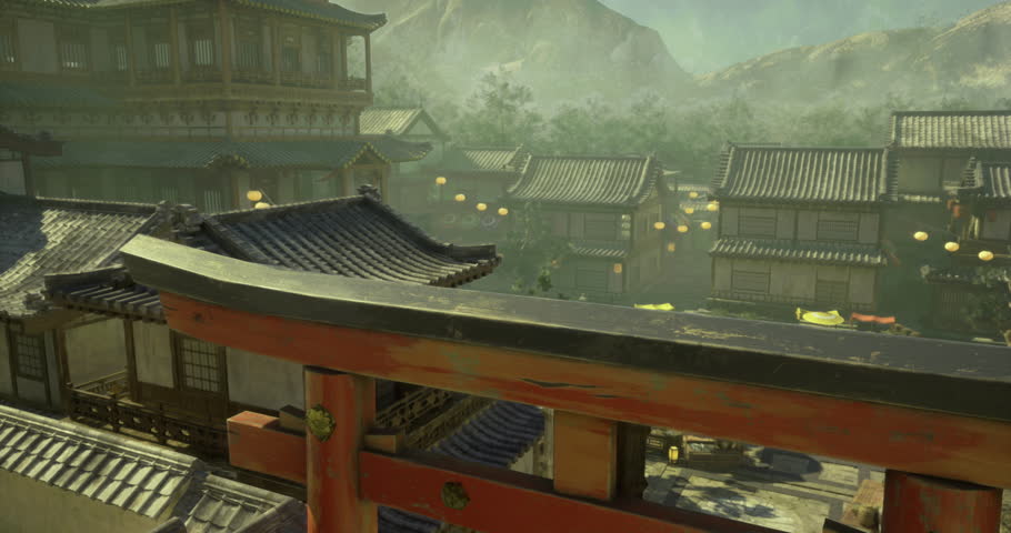 A vibrant mountain village features traditional architecture surrounded by misty hills. Lanterns illuminate the area as dusk settles, creating a peaceful atmosphere and inviting exploration.