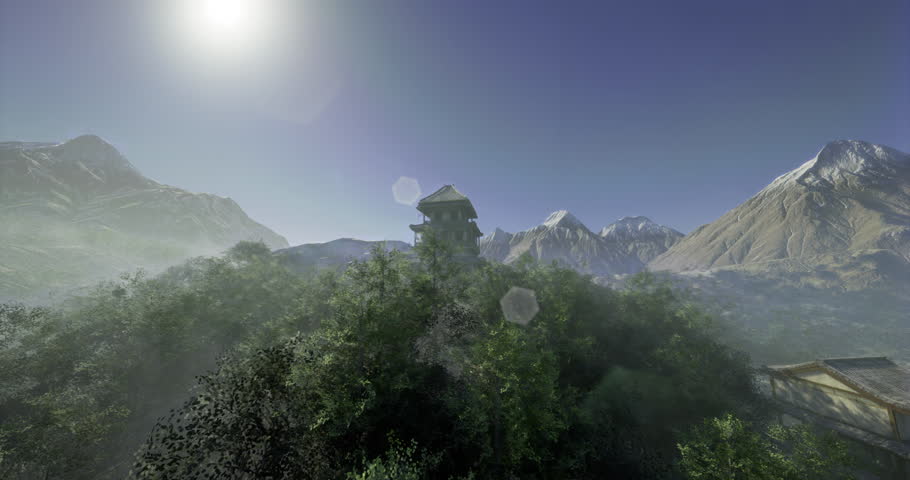 A stunning view of a tall tower nestled among vibrant trees in the foreground, with majestic mountains rising in the background under a bright sun. The tranquil atmosphere invites exploration.