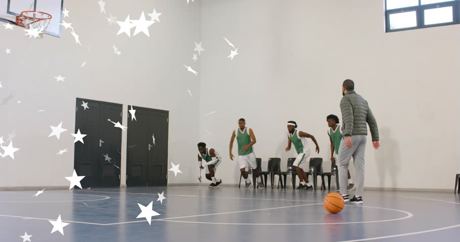 Coach clapping, five players rising, sprinting, dribbling basketball for drill, stars over players. Athletes, teamwork, court, gymnasium, uniforms, chairs, advertising