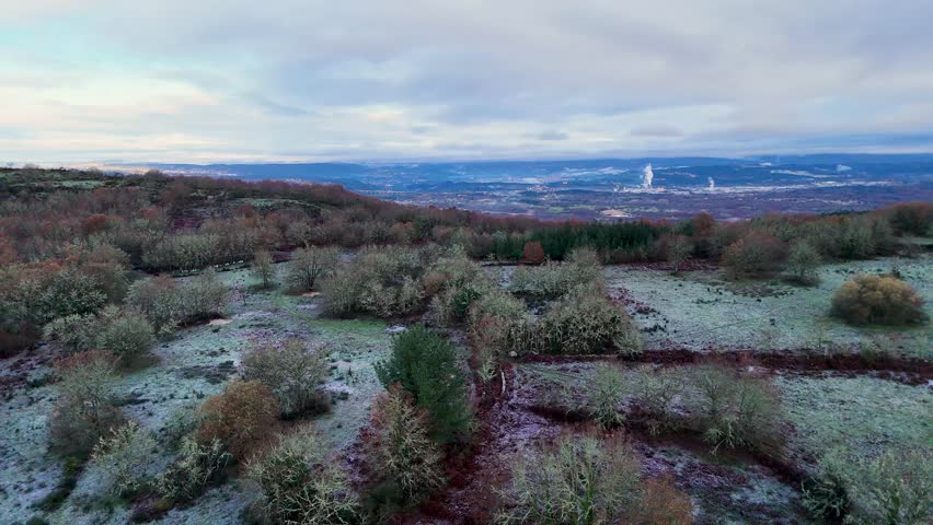 Drone flying over a snowy field with trees and a city in the distance. The sky is cloudy and the mood is peaceful in Orense, Spain.