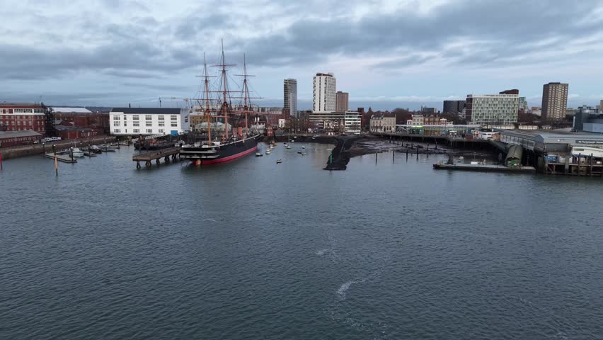 HMS Warrior Portsmouth historic naval dockyard UK drone,aerial