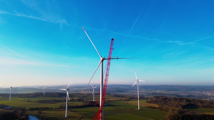 Close aerial view of wind turbine installation with crane in rural Germany
