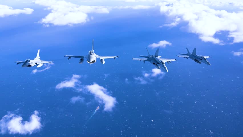 Four advanced fighter jets patrol in precise formation above vast blue ocean and scattered clouds.