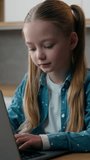 Caucasian girl child kid schoolgirl daughter at home kitchen using laptop online browsing family computer playing video game modern generation study internet lesson learning distant gadget addict - Powered by Shutterstock - Get 15% off with code: PIKWIZARD15