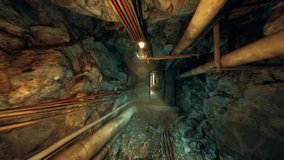 rusty underground shaft with pipes, dim inspection scene with bundled cables, corroded flanges, damp rock walls, narrow maintenance passage, distant inspection - Powered by Shutterstock - Get 15% off with code: PIKWIZARD15
