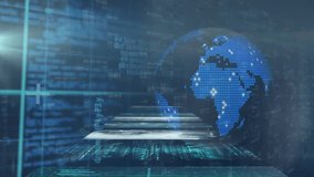 Animation of multiple infographic interface, mathematical sums and programming language over globe. Digitally generated, hologram, globalization, coding, equations and technology concept. - Powered by Shutterstock - Get 15% off with code: PIKWIZARD15