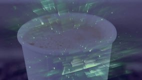 Disposable coffee cup floating over green digital grid merging binary digits in flat design. Futuristic, technology, digital, abstract, innovation, biometric, cyber - Powered by Shutterstock - Get 15% off with code: PIKWIZARD15