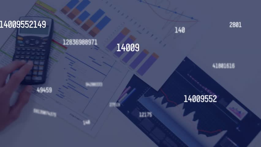 Animation of changing numbers over mid section of a man with documents using calculator. Computer interface and business technology concept
