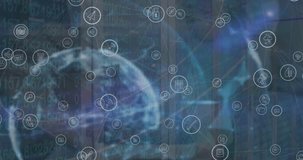 Animation of network of digital icons over interface with data processing against server room. Global networking and business data storage technology concept - Powered by Shutterstock - Get 15% off with code: PIKWIZARD15
